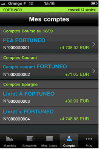 Vue de synthèse des comptes Fortuneo sur iPhone