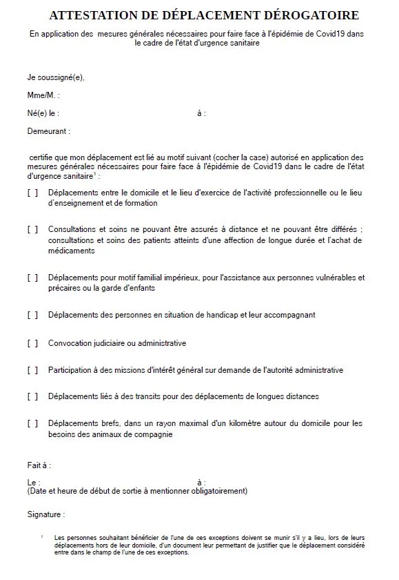 Attestation dérogatoire de déplacement lors du couvre-feu COVID