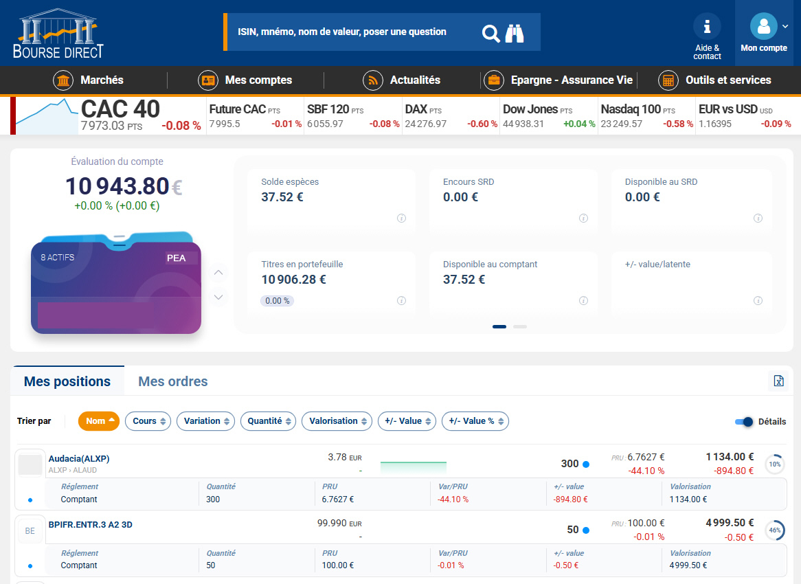 Interface utilisateur Bourse Direct (août 2025)