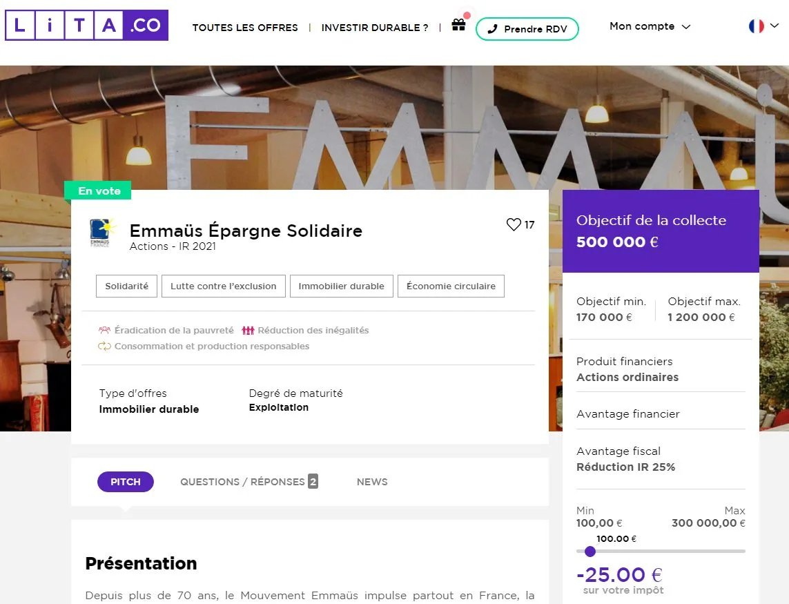 Copie écran projet Emmaüs Epargne Solidaire sur LITA.co