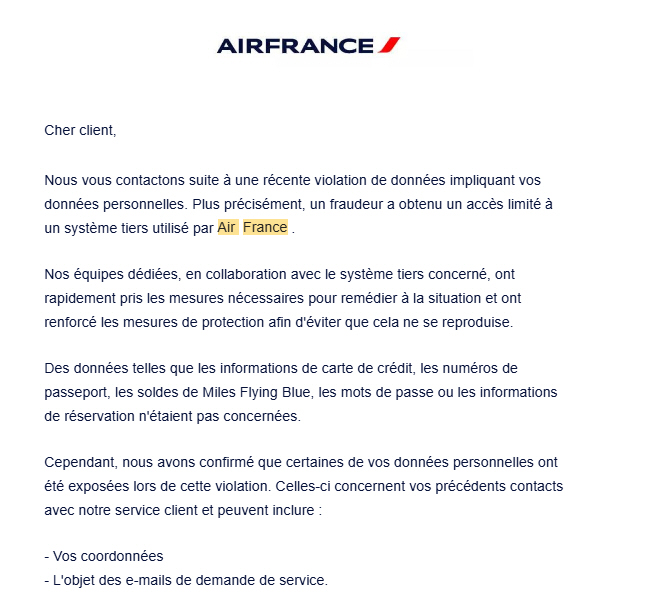 Courrier Air France adressé à ses clients