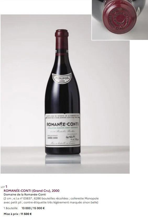 Lot de Romanée-Conti, mise à prix 11.000€ la bouteille