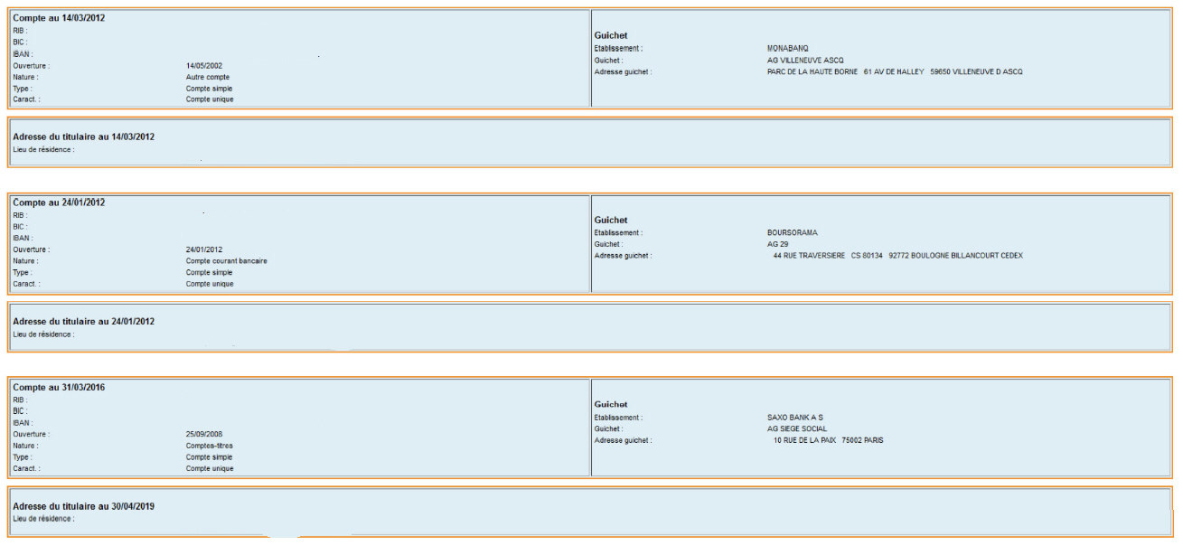Extrait de la liste des comptes déclarés sur le fichier FICOBA pour une personne donnée (exemple)