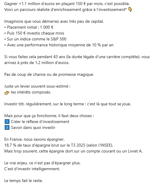Un post sur Linkedin mettant en avant la puissance de la composition des intérêts sur un indice actions