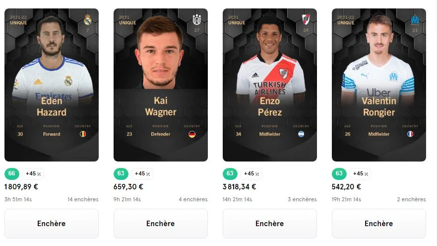 Copie écran page enchères cartes uniques Sorare (mardi 21 septembre 2021)