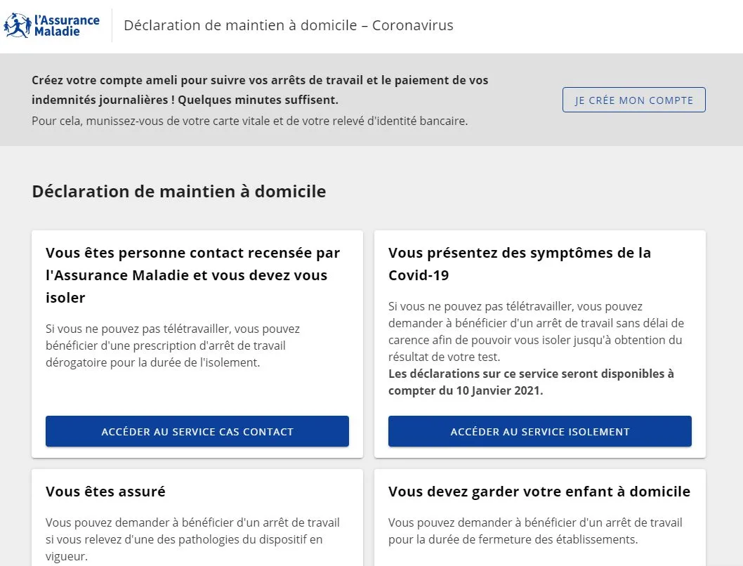 Page d’accueil du site officiel Ameli.fr pour la déclaration de votre arrêt maladie