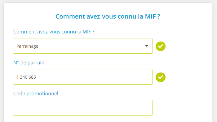 Code parrain à renseigner lors de la souscription MIF, jusqu’à 400 euros offerts