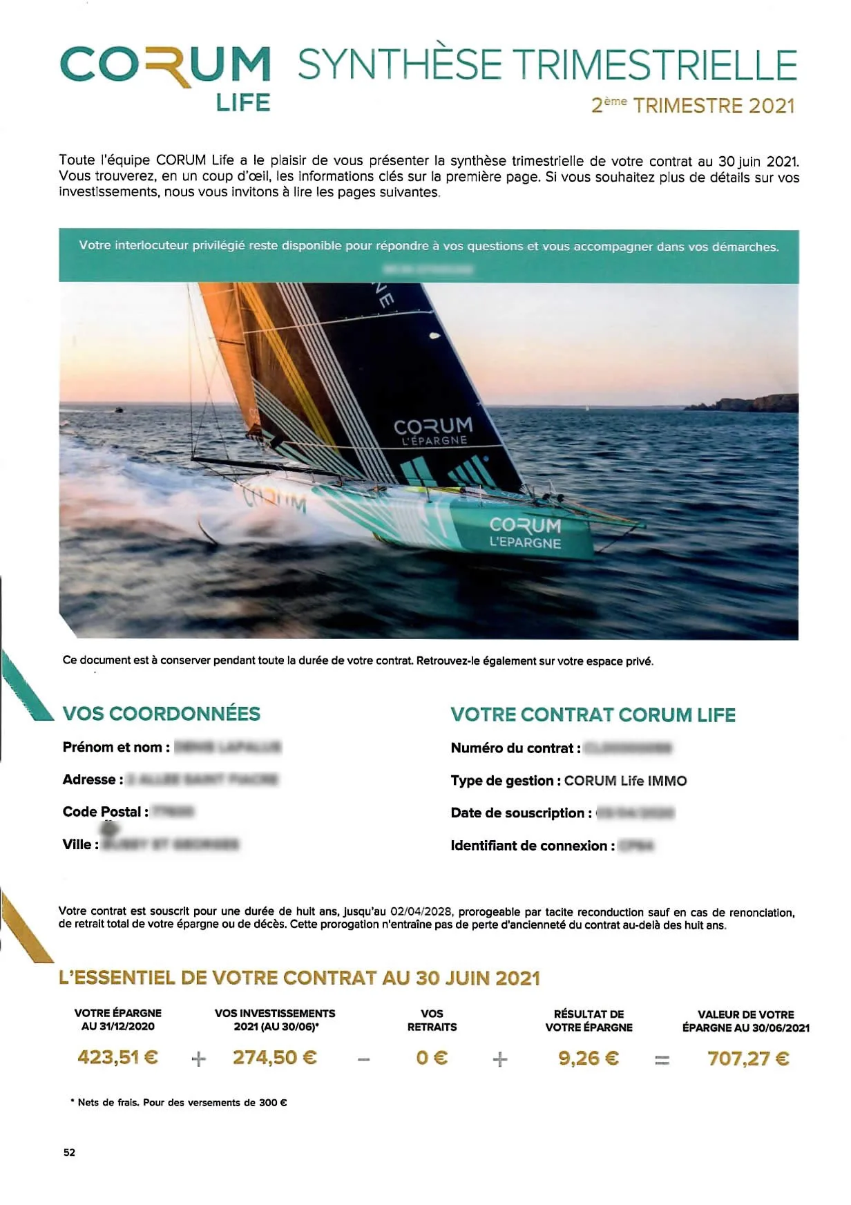 CORUM Life : exemple de synthèse trimestrielle reçue, page 1