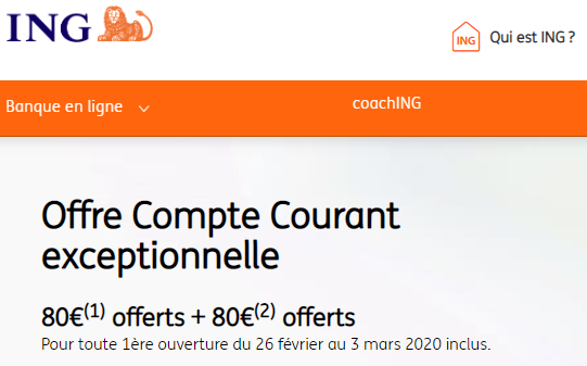 ING : 160€ offerts jusqu’au 3 mars 2020 (sous conditions)
