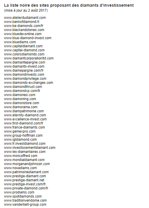 Liste noire des sites proposant des diamants d’investissement (source AMF)