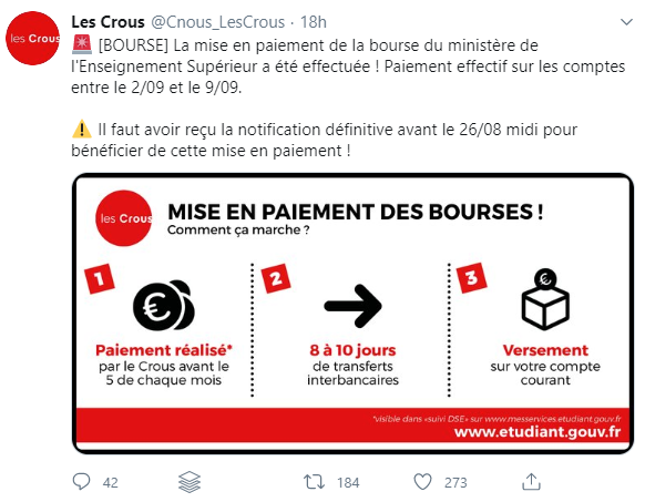 Information publiée sur Twitter concernant la mise en paiement des bourses étudiantes