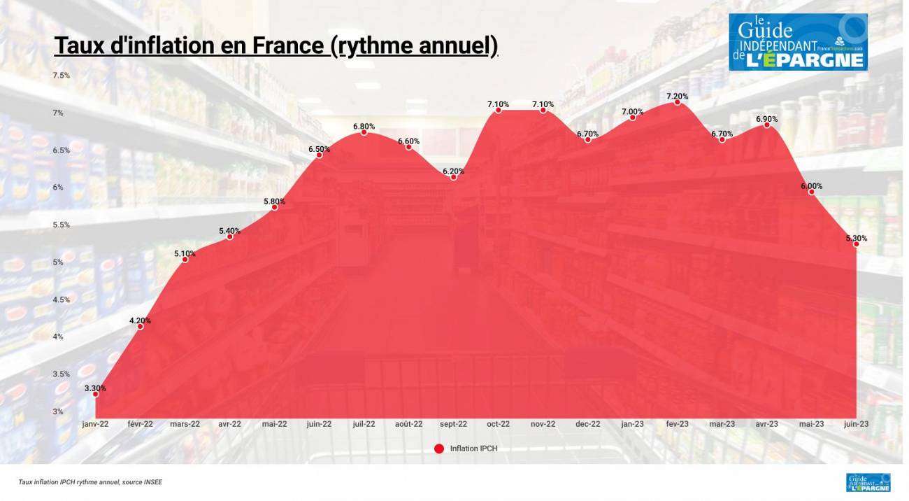 L'inflation en France retombe à + 4.5 % en juin, le taux théorique du livret A applicable au 1er août tombe à 4 % L'inflation en France retombe à + 4.5 % en juin, le taux théorique du livret A applicable au 1er août tombe à 4 %