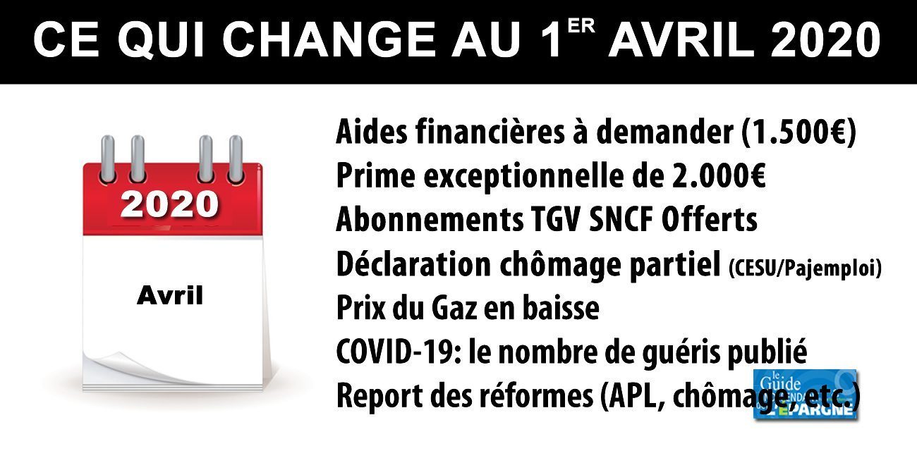 Ce qui change au 1er avril 2020 : aides financières COVID-19, prime 2.000€, abonnements SNCF offerts, chômage partiel, baisse du prix du gaz Ce qui change au 1er avril 2020 : aides financières COVID-19, prime 2.000€, abonnements SNCF offerts, chômage partiel, baisse du prix du gaz