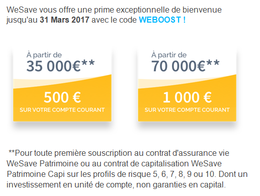 WeSave : Jusqu'à 1000€ de prime exceptionnelle valable pendant 5 jours, sous conditions ! WeSave : Jusqu'à 1000€ de prime exceptionnelle valable pendant 5 jours, sous conditions !