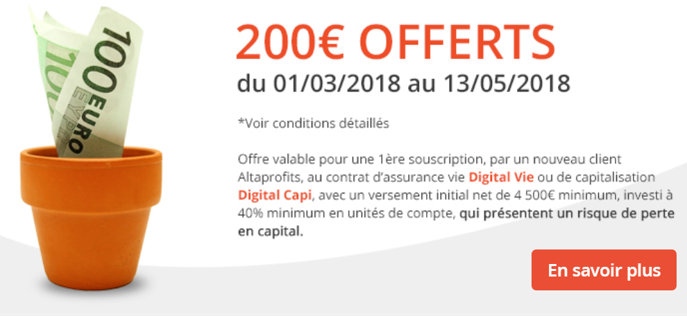 AltaProfits Digital Vie : 200€ offerts pour 4.500€ versés, à saisir avant le 13 mai 2018 AltaProfits Digital Vie : 200€ offerts pour 4.500€ versés, à saisir avant le 13 mai 2018