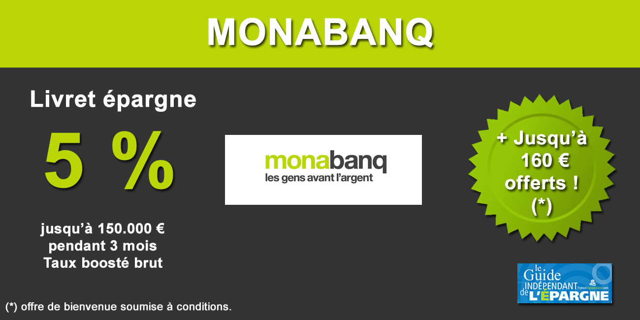 Livret Monabanq, taux boosté de 5 %, jusqu'à 160 euros offerts si ouverture simultanée d'un compte courant