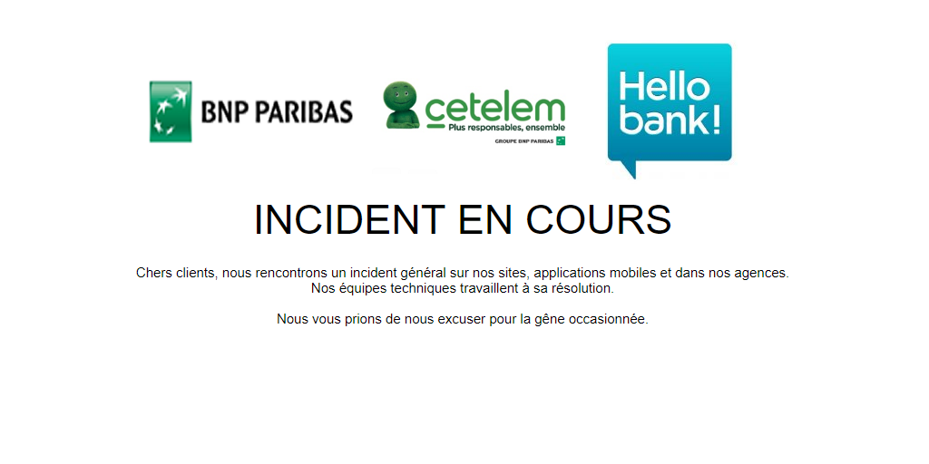 Bnp Paribas, Hello Bank, Cetelem : services indisponibles, comptes clients inaccessibles depuis mercredi soir, le problème perdure Bnp Paribas, Hello Bank, Cetelem : services indisponibles, comptes clients inaccessibles depuis mercredi soir, le problème perdure