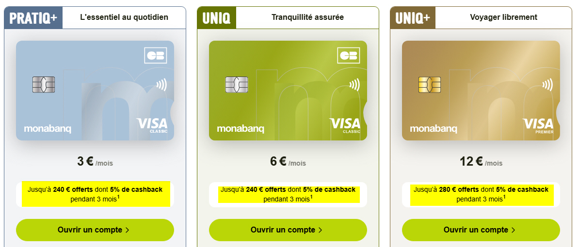 Offres de bienvenue Monabanq : jusqu'à 280 euros offerts dont 5% de cashback, livret à 5%, 2e CB gratuite à vie Offres de bienvenue Monabanq : jusqu'à 280 euros offerts dont 5% de cashback, livret à 5%, 2e CB gratuite à vie