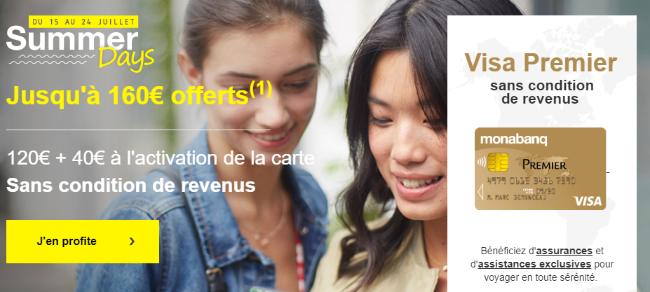 Summer Days Monabanq jusqu'au 24 juillet 2019 : 160€ offerts pour l'ouverture de votre compte courant, sans condition de revenus Summer Days Monabanq jusqu'au 24 juillet 2019 : 160€ offerts pour l'ouverture de votre compte courant, sans condition de revenus