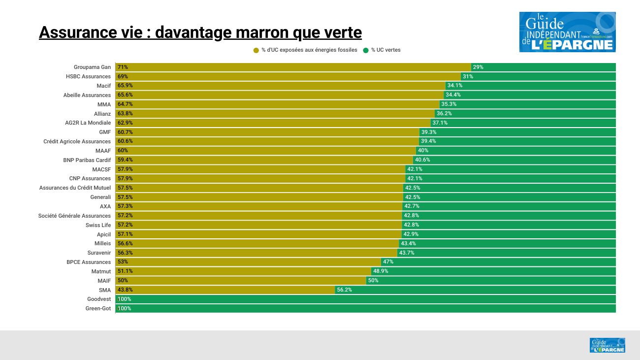 Assurance vie, bien plus marron que verte : 62 % des unités de compte restent exposées aux énergies fossiles Assurance vie, bien plus marron que verte : 62 % des unités de compte restent exposées aux énergies fossiles