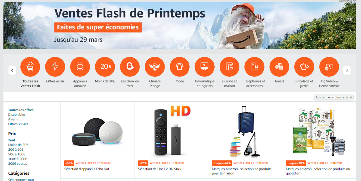 Amazon : Les ventes Flash de Printemps disponibles jusqu'au 29 mars 2023 inclus, réduction jusqu'à -40% Amazon : Les ventes Flash de Printemps disponibles jusqu'au 29 mars 2023 inclus, réduction jusqu'à -40%