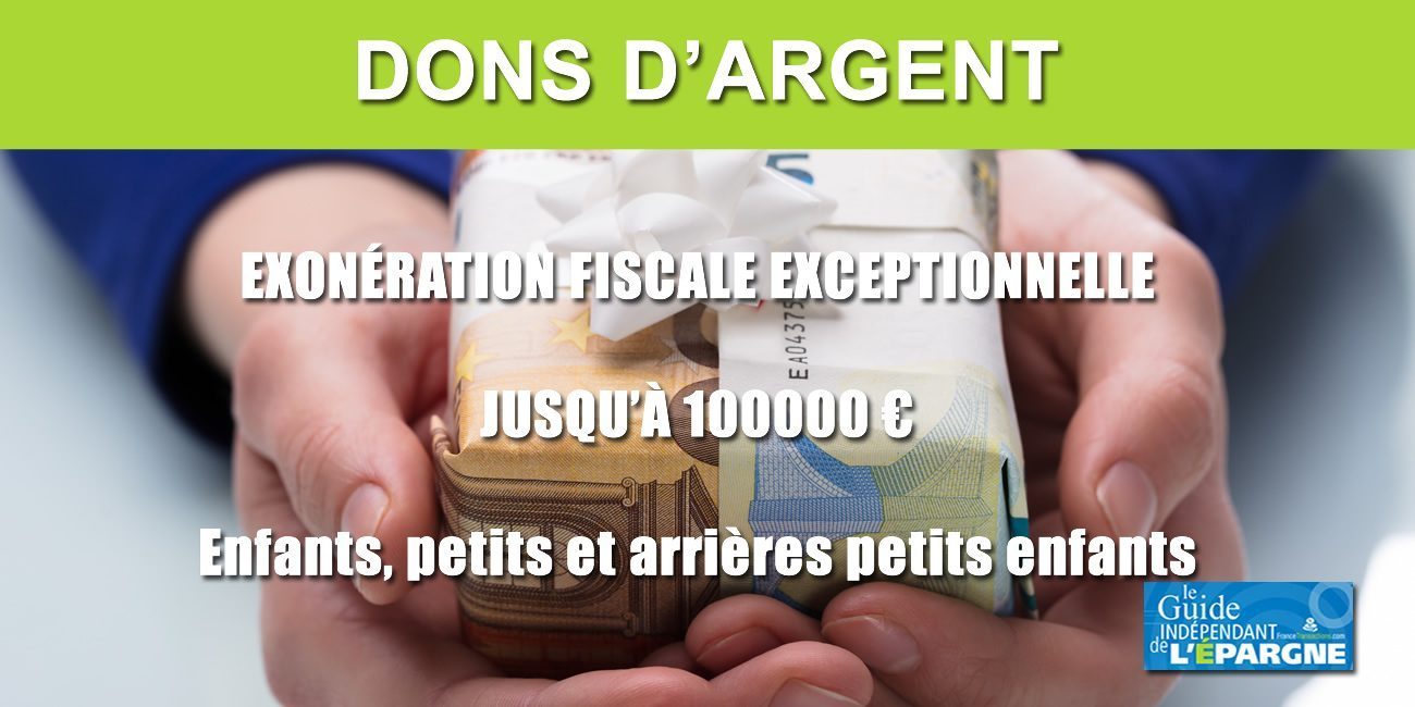 Don d'argent : donnez 100.000 euros supplémentaires à vos enfants en toute exonération fiscale jusqu'au 30 juin 2021 Don d'argent : donnez 100.000 euros supplémentaires à vos enfants en toute exonération fiscale jusqu'au 30 juin 2021