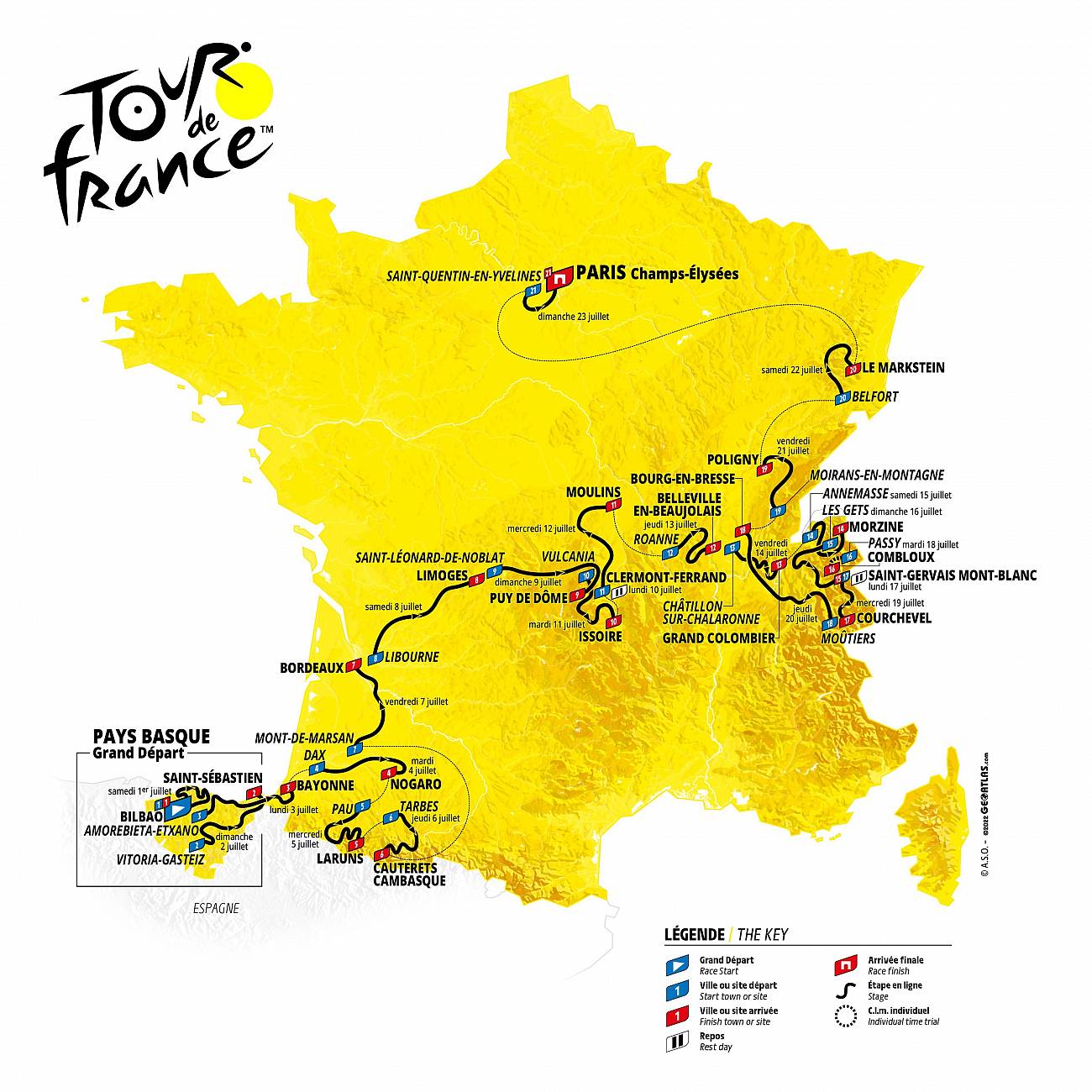 Tour de France 2023 : de Bilbao à Paris en passant par le Puy-de-Dôme, 3.404 km à rouler, 30 cols, en 23 jours