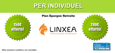 Souscription d'un PER distribué par Linxea : de 150 à 200 euros offerts, à saisir avant le 23 décembre 2025 Souscription d'un PER distribué par Linxea : de 150 à 200 euros offerts, à saisir avant le 23 décembre 2025